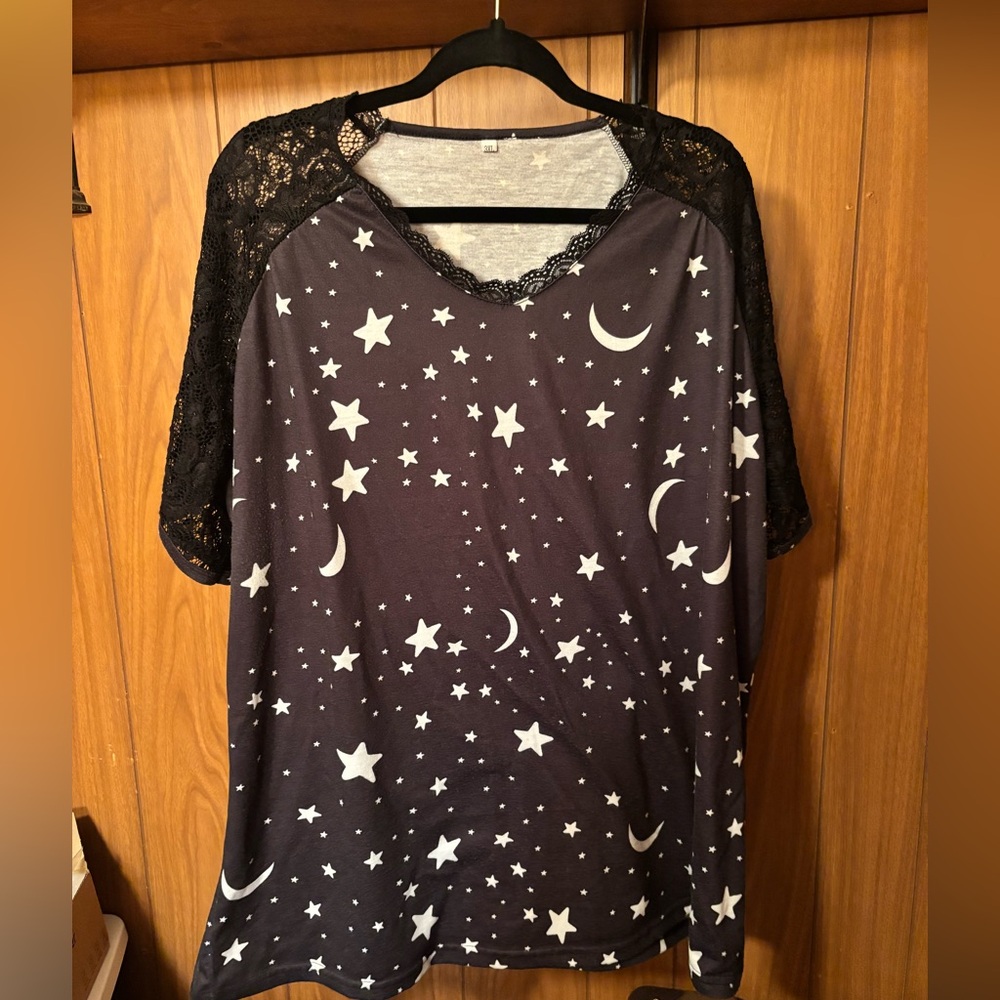 Black Space Star and Moon Print Top with Lace Short Sleeves Lightweight Summer